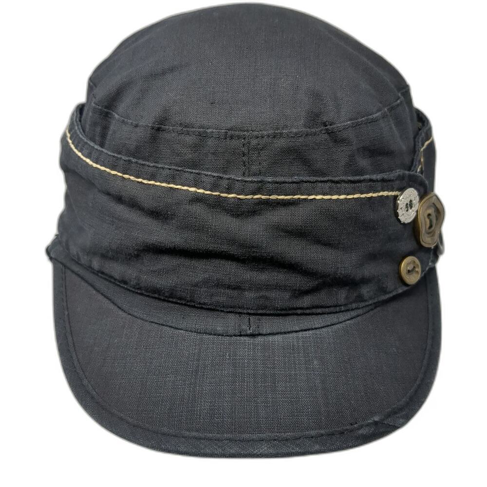 D&Y Army Cap Black One Size Hat Decorative Buttons Gold Contrast Stitching